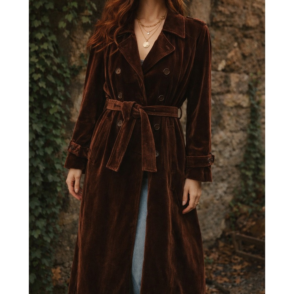 VTG Count Romi 70s Brown Velvet Trench Coat 14 US‎ Sm/Med Belted Disco Jacket